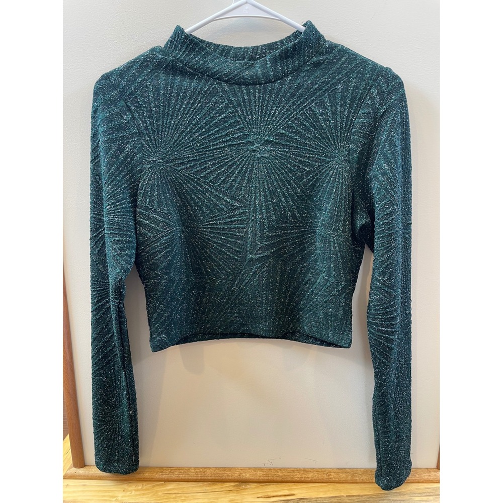 Speechless Green Metallic Sunburst Mock Neck Crop Top Long Sleeve Womens Medium